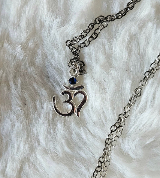 Om Symbol With Sapphire Sterling Silver Necklace